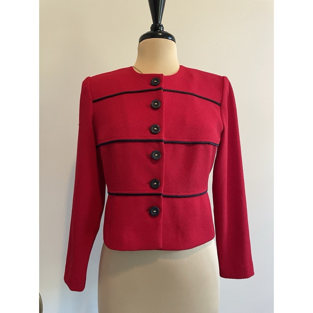 Vintage Red‎ Knit Cropped Jacket Blazer Black Piping Gold Buttons 8